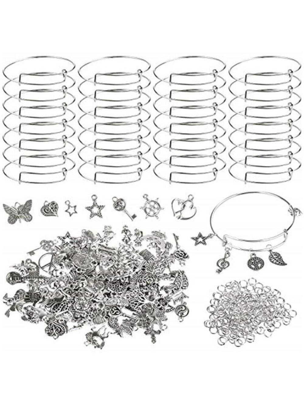 Silver Charm Bracelet Making Kit DIY Bangle Wire Jewelry Craft Set 30 Pack